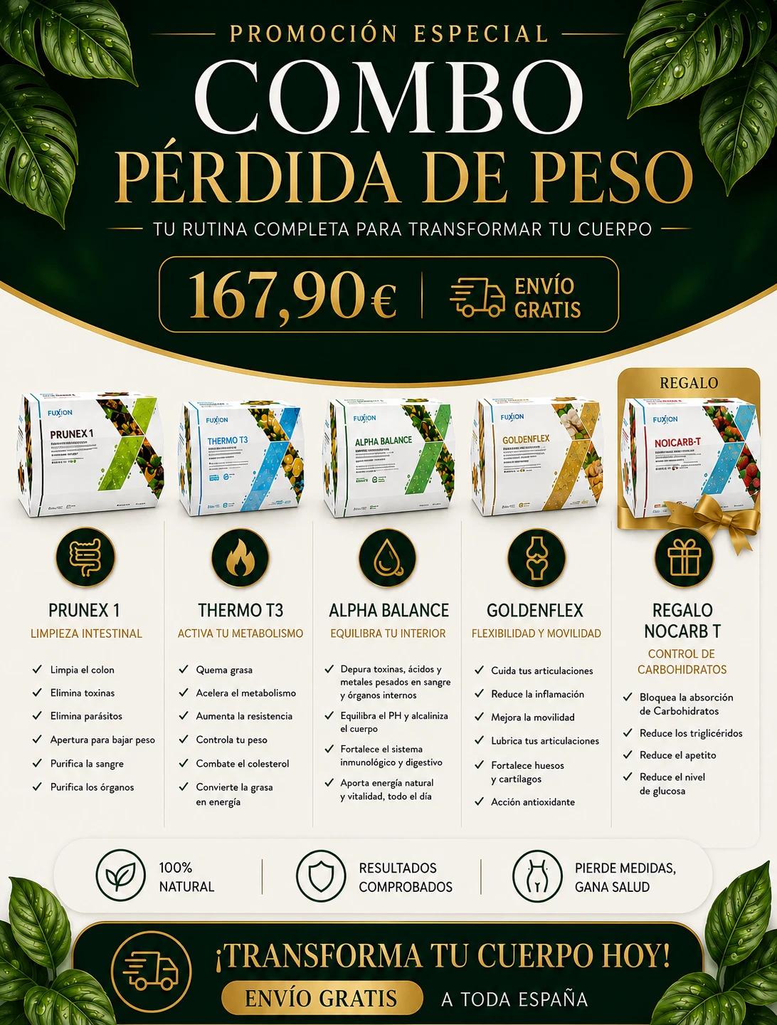 Combo Perdida de Peso con Alpha Balance y Goldenflex FuXion - 167,90 EUR - Prunex1 + Thermo T3 + Alpha Balance + Goldenflex + Nocarb-T (de regalo)