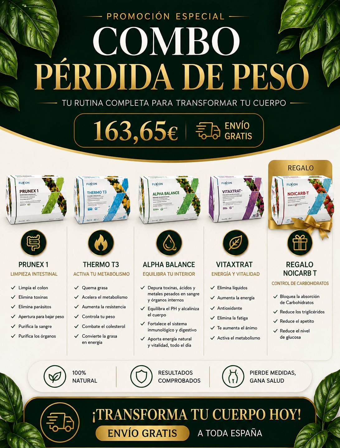 Combo Perdida de Peso con Alpha Balance y Vita Xtra T+ FuXion - 163,65 EUR - Prunex1 + Thermo T3 + Alpha Balance + Vita Xtra T+ + Nocarb-T (de regalo)